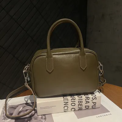Cross-border Top-grain Leather Bowling Bag, Vintage And Simple Boston-style Small Handbag, Can Be Carried By Hand, Used For Commuting, Single Shoulder, Or Crossbody