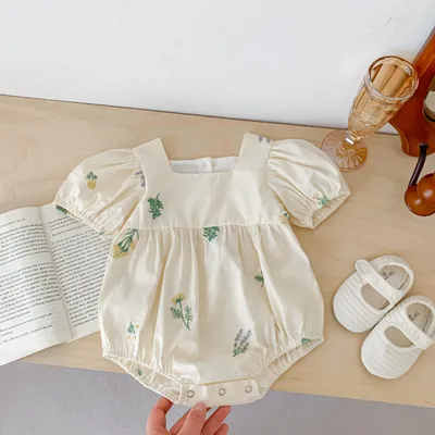 Thin Cotton Embroidery Puff Short Sleeve Baby Bodysuit Jumpsuit