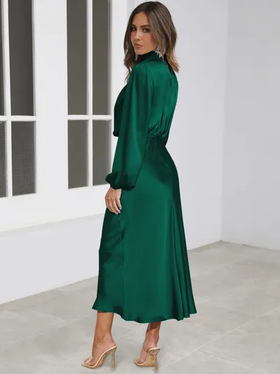Elegant Temperament Long-sleeved Dress Satin Halterneck Formal Evening Dresses Women Clothing