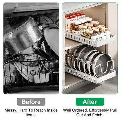 1Pc Pull Out Pots And Pans Organizer Under Cabinet With 8 Adjustable Dividers Rustproof Carbon Steel Sliding Pots Holder For Kitchen Cookware Bakeware Pots Lids Storage