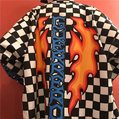 Back Flame Black And White Plaid Shirt Jacket For Men And Women Couples
