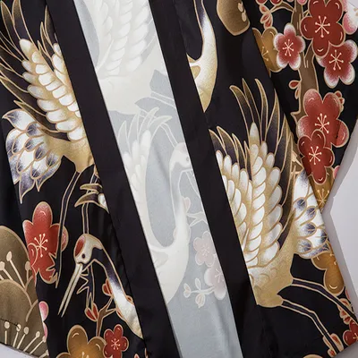 Japanese Kimono Ukiyo-e Robe Crane Print Three-quarter Sleeve Loose Men's And Women's Fashion Buckle-free Shirt