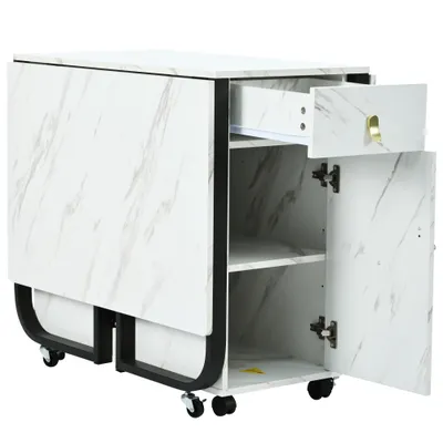 Folding Dining Table 1 Piece With Cupboard And 2 Drawers, Folding Kitchen Utility Table, Space-saving Dining Table With 4 Supporting Legs On Gliders White  Black