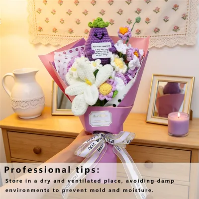 Handmade Crocheted Flower Bouquet, Cute Eggplant Doll Matched With Lilies And Purple Florets, Soft Yarn Everlasting Knitted Bouquet, Decorative Ornament For Indoor Household Display