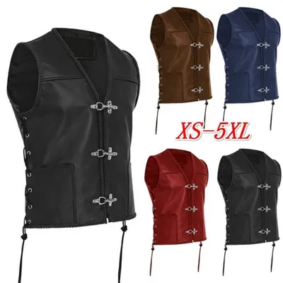 Men's Leather Vest V-neck Single-breasted Side Straps Short Sleeveless Top