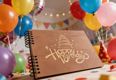 دفتر ضيوف حلزوني بغلاف خشبي، عيد ميلاد سعيد