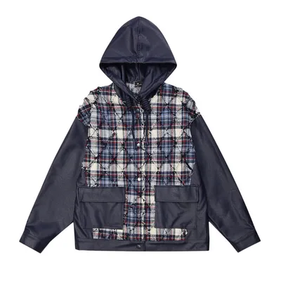 Fake Two-piece PU Leather Stitching Contrast Color Coat