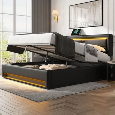 Upholstered Bed 150 X 200 Cm, King Size Bed-5ft,with USB Port Supports Wireless And Wired Charging, With LED Lighting And Storage Space, Without Mattress, PU Lychee Pattern, Black