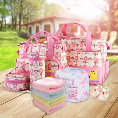 5PCS Per Set Baby Nappy Diaper Bags For Spring Travel Set Mummy Diaper Shoulder Bags WithNappy Changing Pad Insulated Pockets Travel Tote Bags For Mom Dad