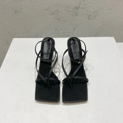 Square-toe High-heel Sandals In Woven Mesh And Leather