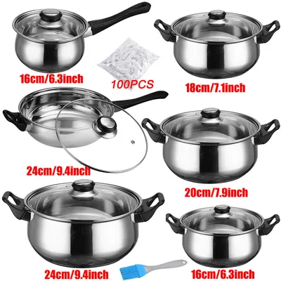 12 Piece Stainless Steel Cookware Saucepan Set Pan Pot Kitchen Cooking Glass Lid