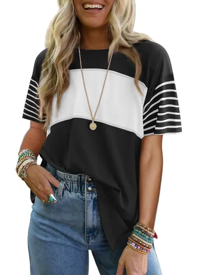 Women's New Style Crew Neck Pullover Casual Striped Color-Block Short-Sleeved T-Shirt