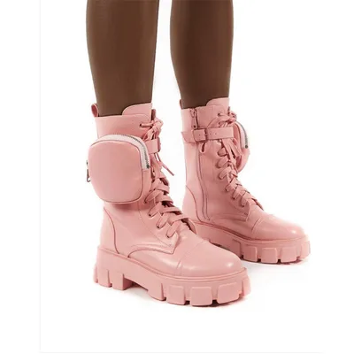 Thick-Heeled Round Toe Lace-Up Pocket Mid-Tube Motorcycle Boots