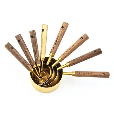 أكاسيا بمقبض خشبي من الفولاذ المقاوم للصدأ كوب قياس ملعقة مكونة من ثماني قطع أدوات خبز المطبخ