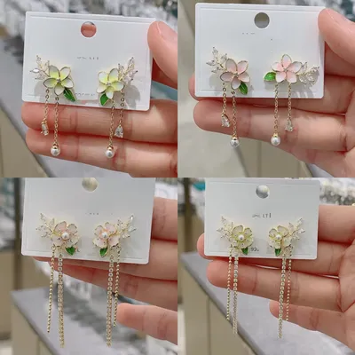 Micro Set Zircon Flower Long Pearl Tassel Earrings