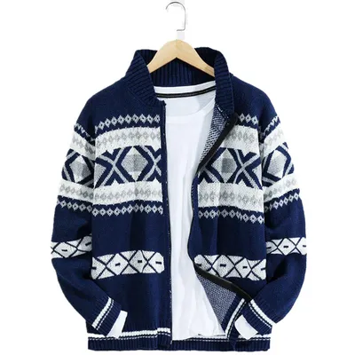 New Men's Jacquard Sweater Zipper Cardigan Long-sleeved Sweater