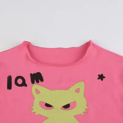 Hot Girl Fashion Umbilical Cord Street Style Tide Cat Print Color Collision T-shirt