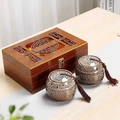 Ceramic Kiln Turned Tea Canister Wooden Box