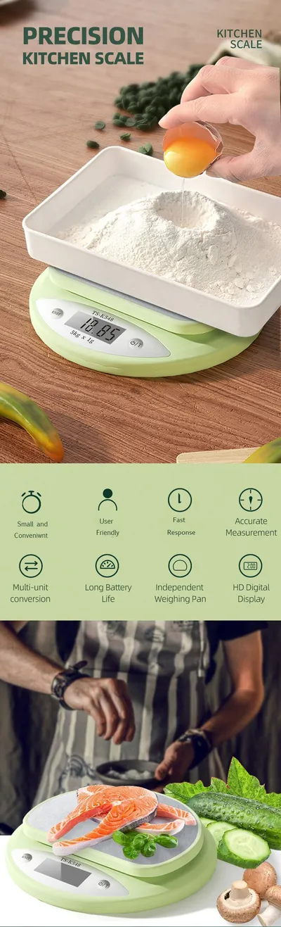 Kitchen Scale 5kg Weight Grams Digital Balance Precision Accurate Green Electronic LCD Food Baking Portable Scale