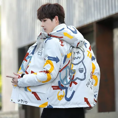 Men's Short Padded Hooded Graffiti Jacket