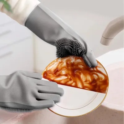 1 Pair Silicone Brush Dishwashing Gloves Cleaning Sponge Pet Scrubber Heat Resistant Wash Gloves