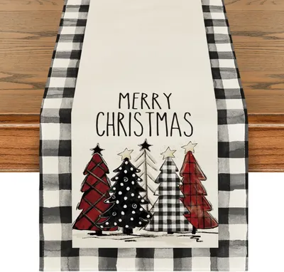 Christmas Trees Merry Xmas Table Runner, Seasonal Winter Holiday Kitchen Dining Table Decoration