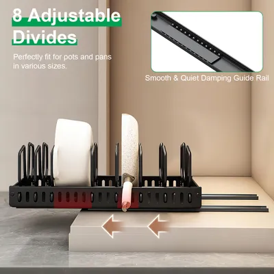 1Pc Pull Out Pots And Pans Organizer Under Cabinet With 8 Adjustable Dividers Rustproof Carbon Steel Sliding Pots Holder For Kitchen Cookware Bakeware Pots Lids Storage