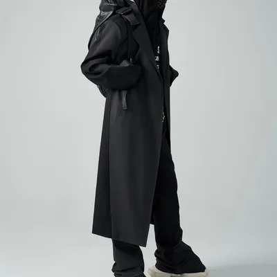 Autumn And Winter Wool Unbuttoned Loose Padded Shoulder Mid-length Patchwork Coat