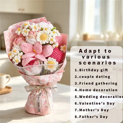 Handmade Crochet Pink Mixed Flower Bouquet, Knitted Yarn Everlasting Artificial Flowers, Pink Wrapped Floral Gift For Birthday, Mother's Day, Anniversary, Wedding & Home Table Decoration