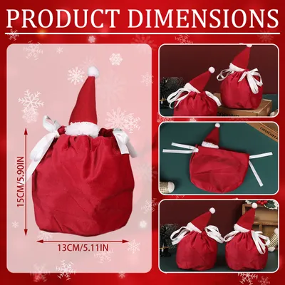 5 Packs Christmas Treat Bags With Drawstring 3D Xmas Santa Hat Gift Wrapping Bags Velvet Candies Goodie  Bag For Christmas Birthday Wedding Party Favor Supplies