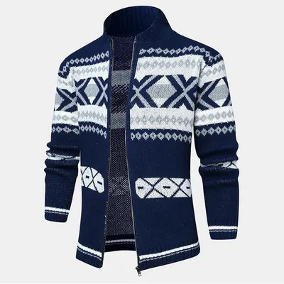 New Men's Jacquard Sweater Zipper Cardigan Long-sleeved Sweater