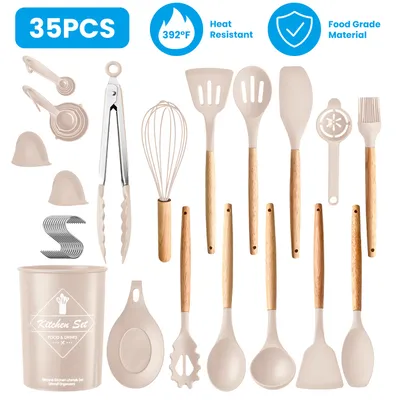 4 Colors Options -- Set Of 35Pcs Kitchen Cooking Utensils Set Spatula Set Baking Utensil Set Kitchen Accessories Necessities With Holder Egg Whisk Separator Tong Turner Spoons Cups