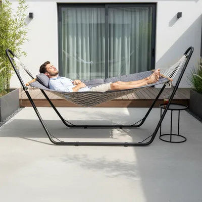 Hammock With Stand, Double-Barrel Hammock With Hammock Bed, Heavy Duty Adjustable Hammock Set For Outdoors, Patio, Yard, Garden, Gray