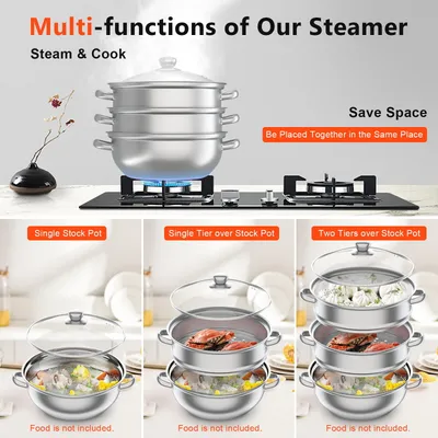 Three Tier Induction Hob Stainless Steel Steamer Steam Pot Cooker Set Glass Lid