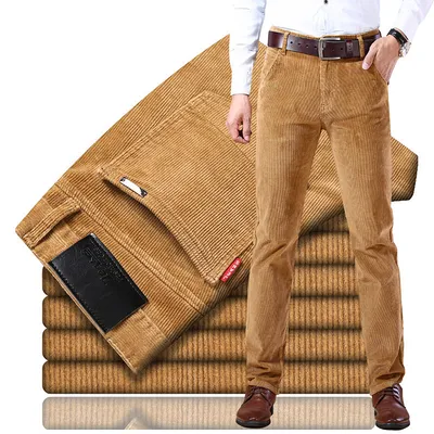 Men's Pockets Corduroy Trousers Winter Slim-fit Straight-leg Casual Pants Clothing