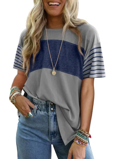 Women's New Style Crew Neck Pullover Casual Striped Color-Block Short-Sleeved T-Shirt