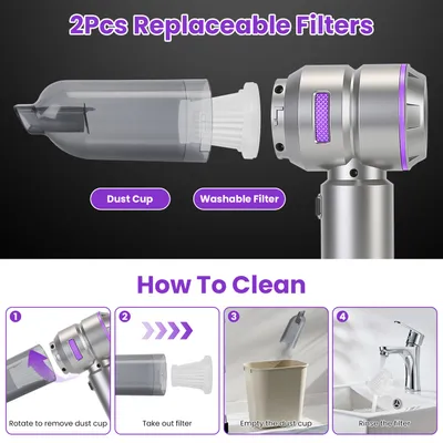 16000PA Handheld Car Vacuum Cleaner With Brushless Motor 2 Reusable Filters 4 In 1 Portable Cordless Compressed Air Duster & Blower For Car Office Home Camp