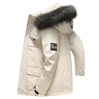 Medium Length Thickened Hooded Big Hair Collar To Overcome Winter Men's Coat