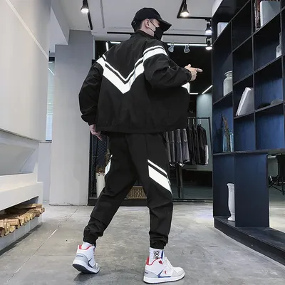 Casual Reflective Jacket Trousers Sports Men's Two Piece Set