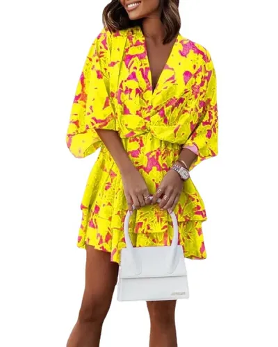 V-neck Loose Batwing Sleeve Printed Dress