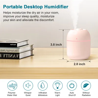 جهاز ترطيب هواء صغير ومحمول (سعة 220 مل) يعمل بتقنية الرذاذ البارد، مزود بمنفذ USB ومناسب للاستخدام الشخصي على المكتب أو في غرف النوم وأثناء السفر والمنزل.