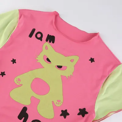 Hot Girl Fashion Umbilical Cord Street Style Tide Cat Print Color Collision T-shirt