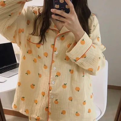 Orange Print Cute Women's Homewear Pajamas Set