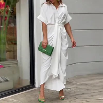 Women's Lapel Mid Length Short Sleeve Single Breasted Dress