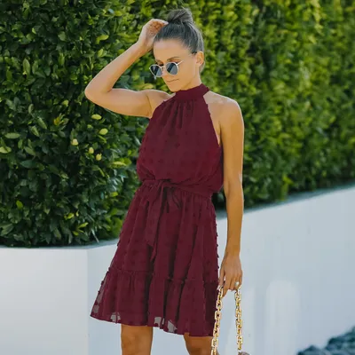 Jacquard Cutout Skirt Halterneck Chiffon Dress
