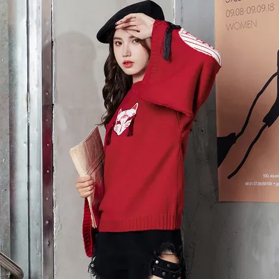 Red sweater women autumn design short top