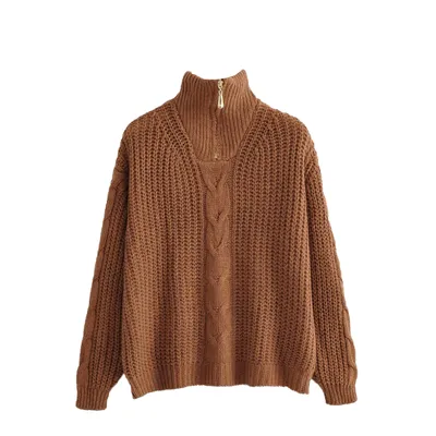 High-necked Long-sleeved Crop Top Ribbed Sweater