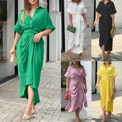Women's Lapel Mid Length Short Sleeve Single Breasted Dress