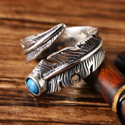 925 Sterling Silver Vintage Inlaid Artificial Turquoise Leaf Couple Silver Ring