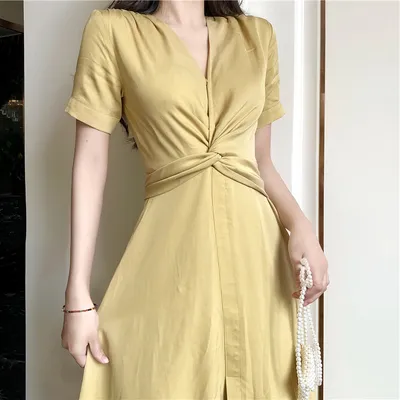 Light Yellow Long Skirt French Bellflower Waist Dress